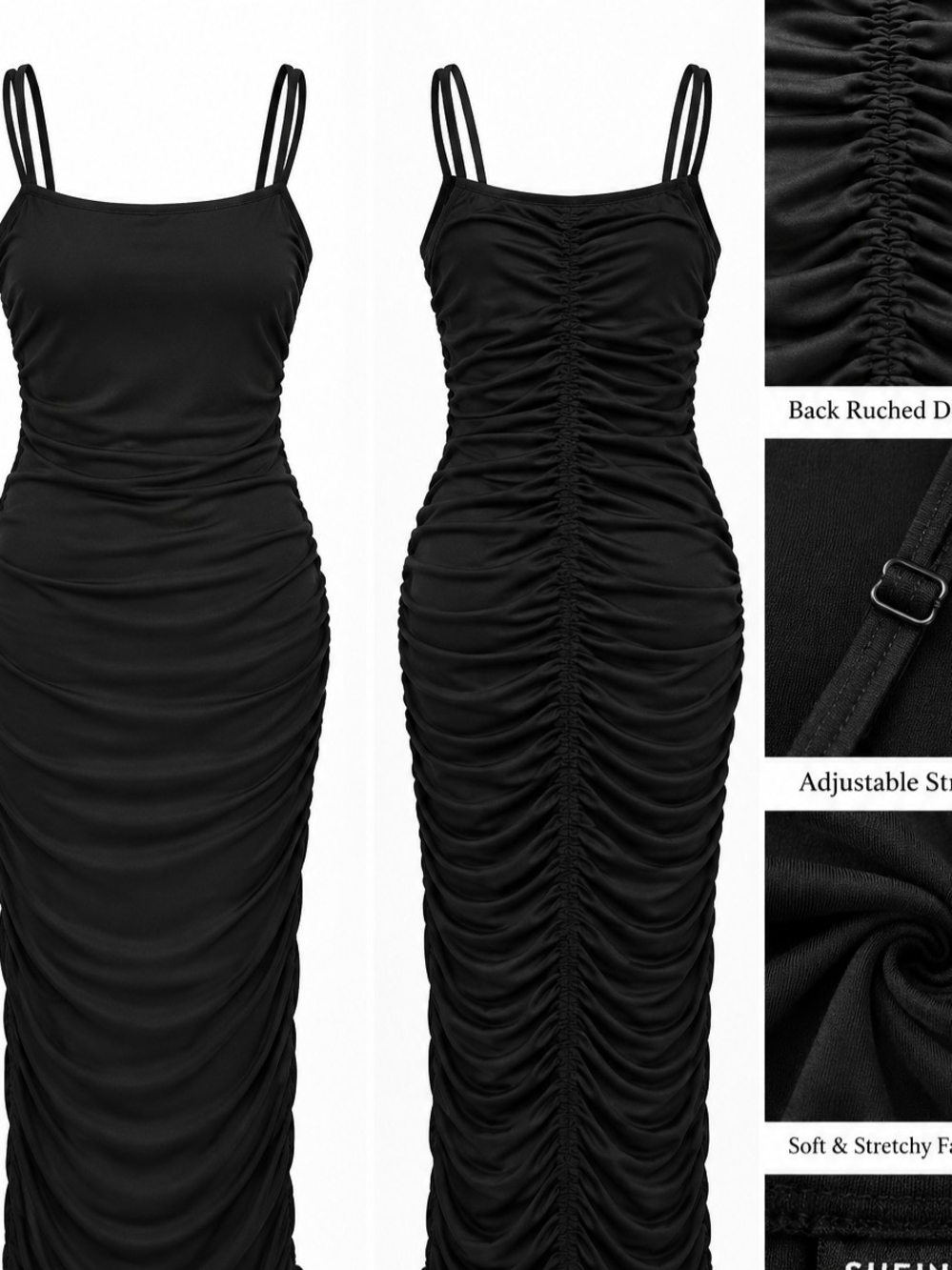 SHEIN Black Ruched Maxi Dress with Double Spaghetti Straps